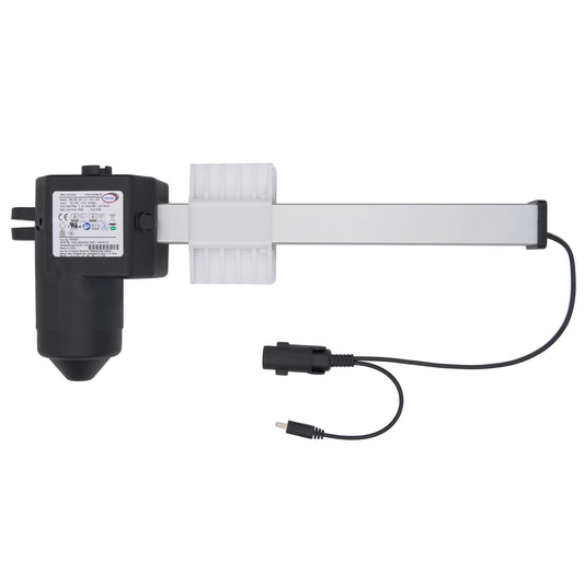 Mechanical device with a black cylindrical component and white rectangular arm on a white background