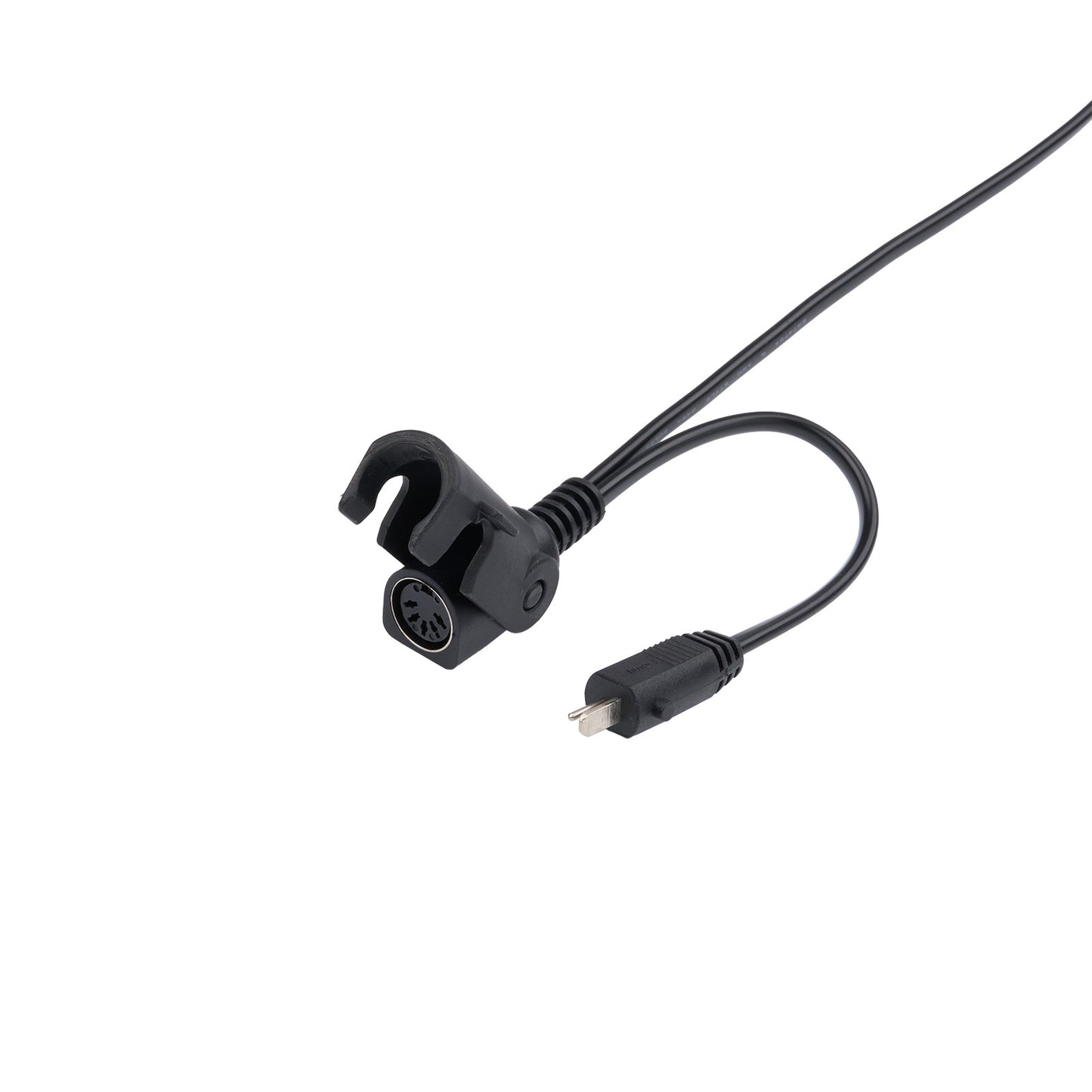 Black audio cable with connectors on a white background