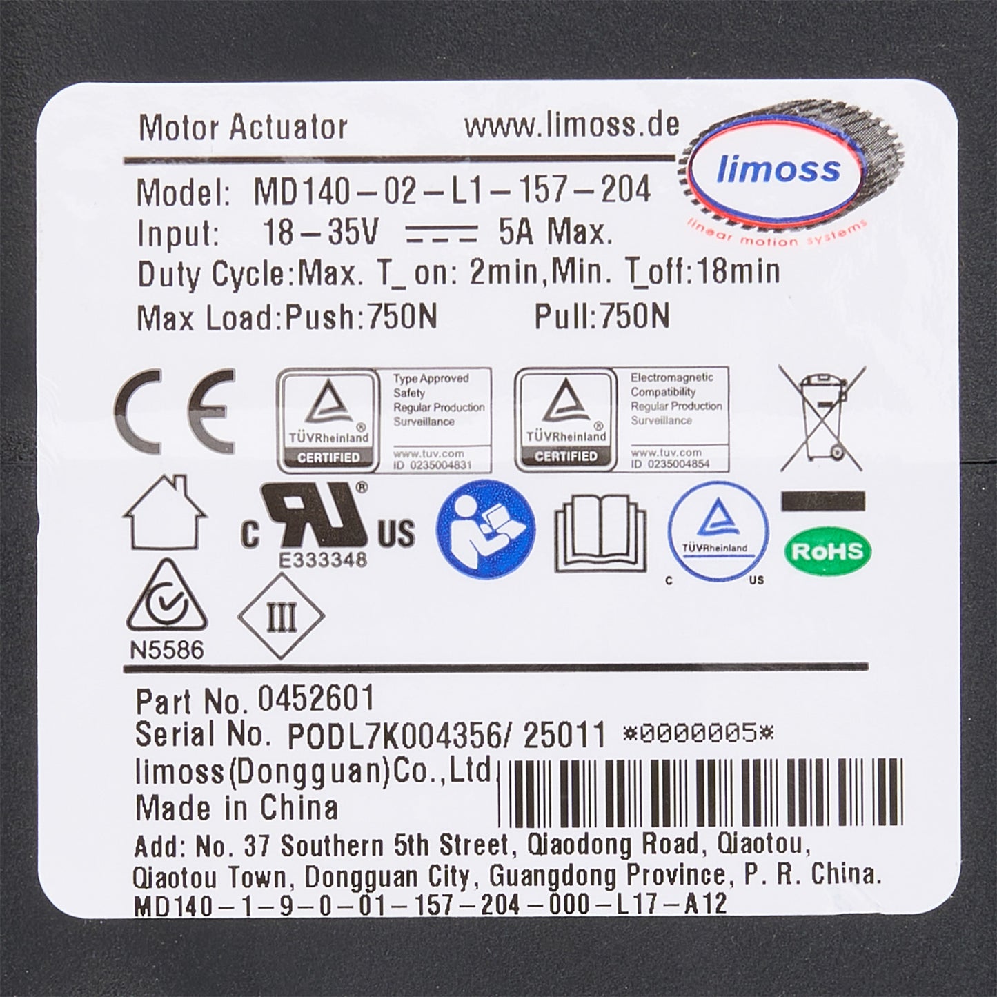 Product label with various certification logos and technical specifications on a black background