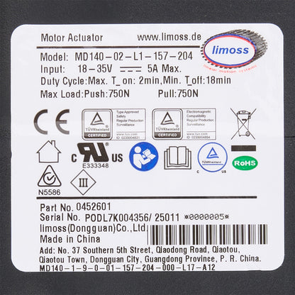 Product label with various certification logos and technical specifications on a black background