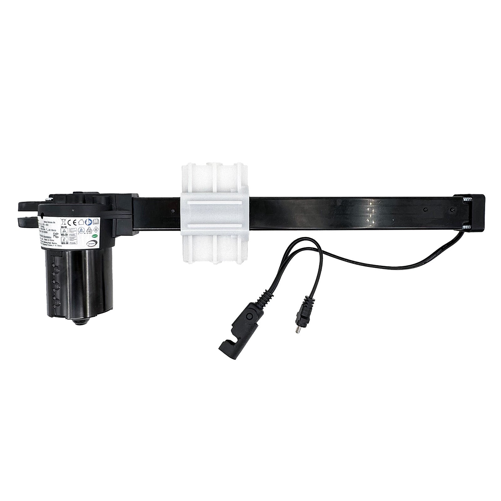 A black Limoss linear actuator for recliner or lift chair, with two cables and plugs.