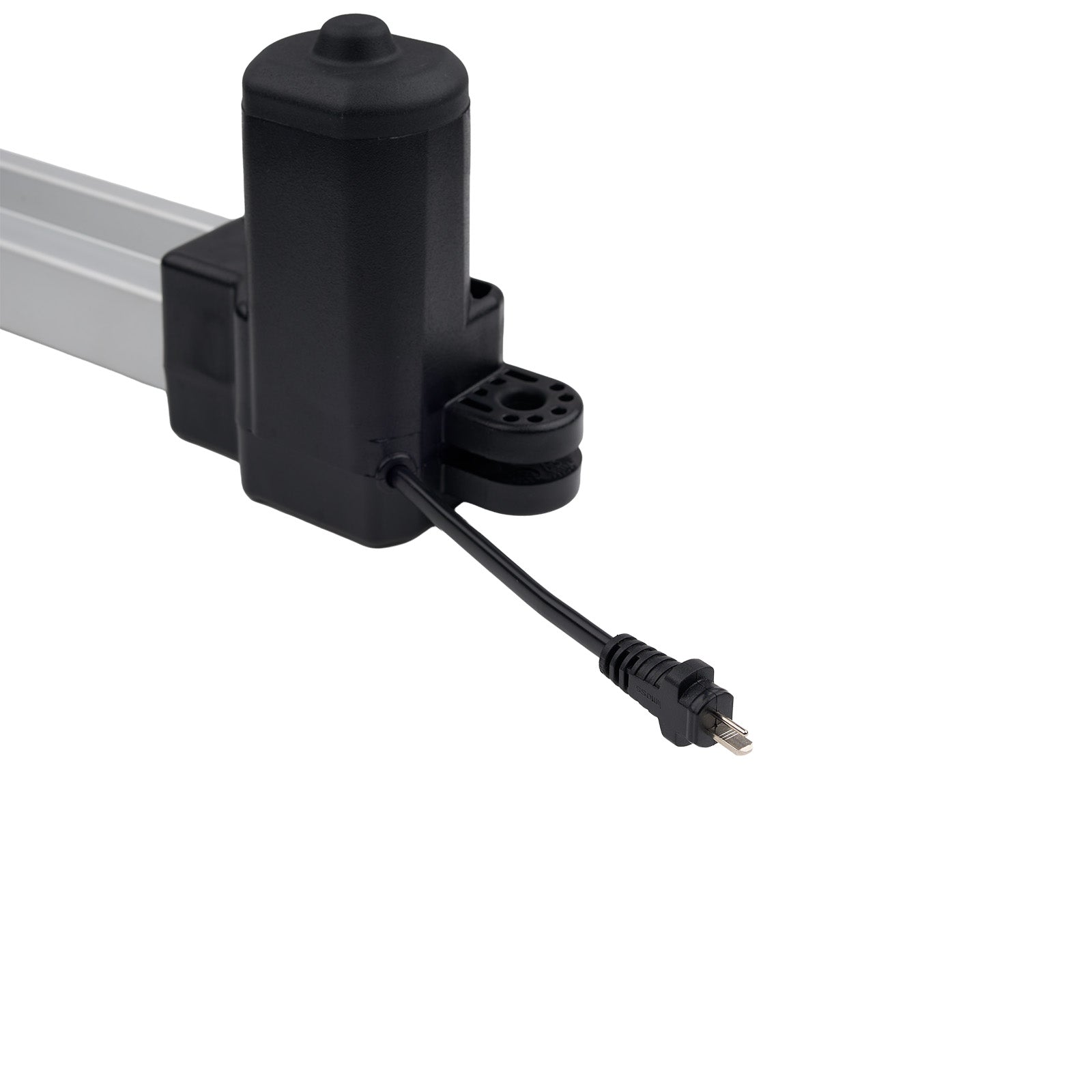 Black actuator with cable on a white background