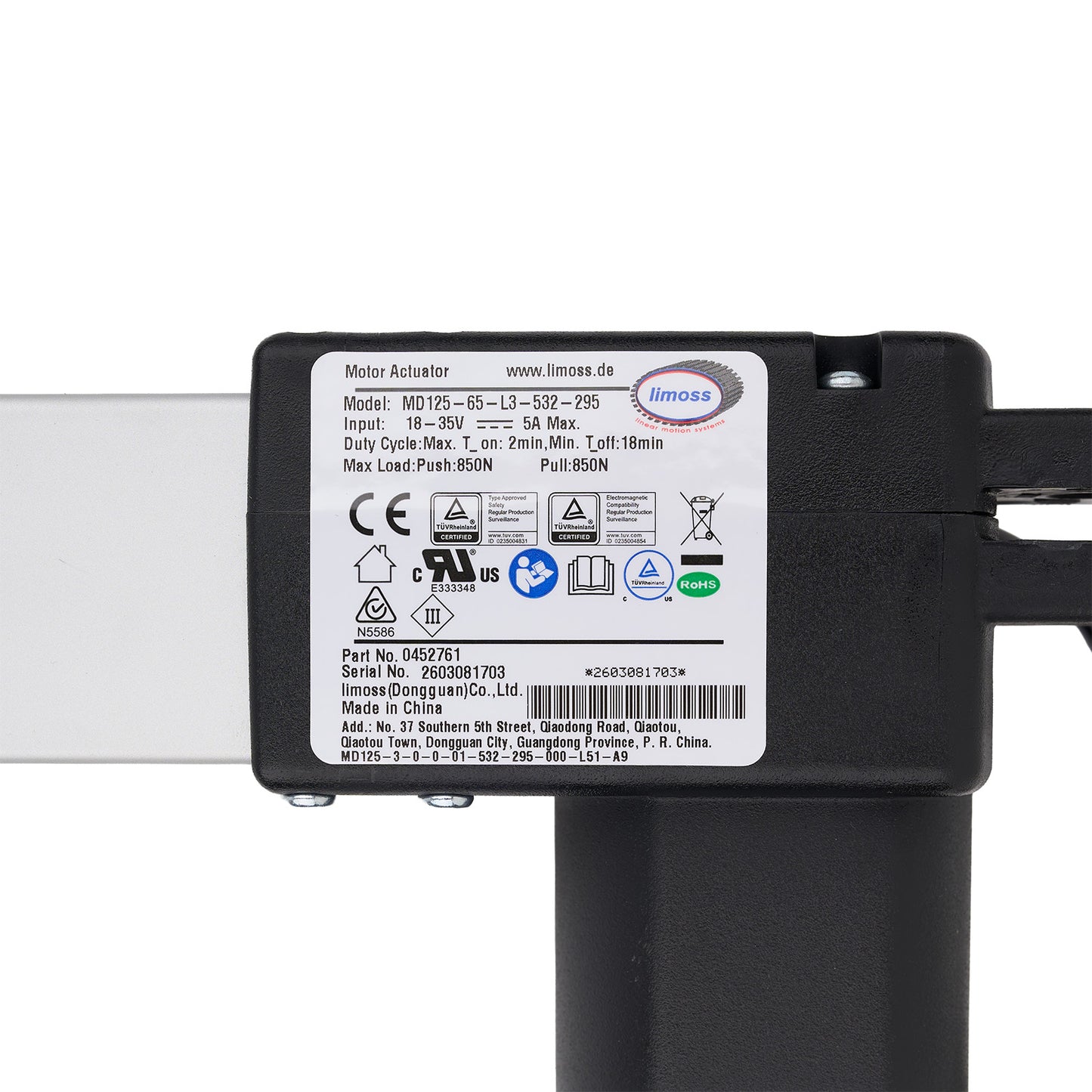 Motor actuator with label on a white background