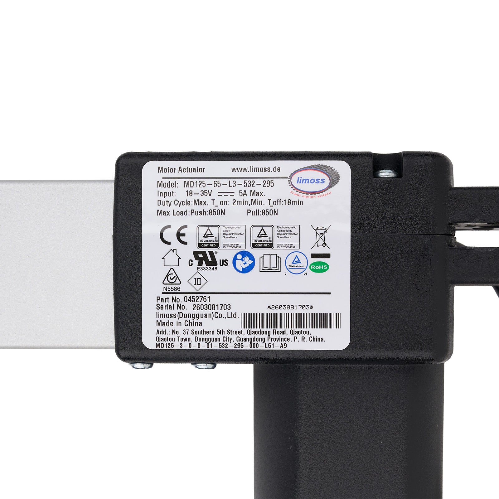 Motor actuator with label on a white background