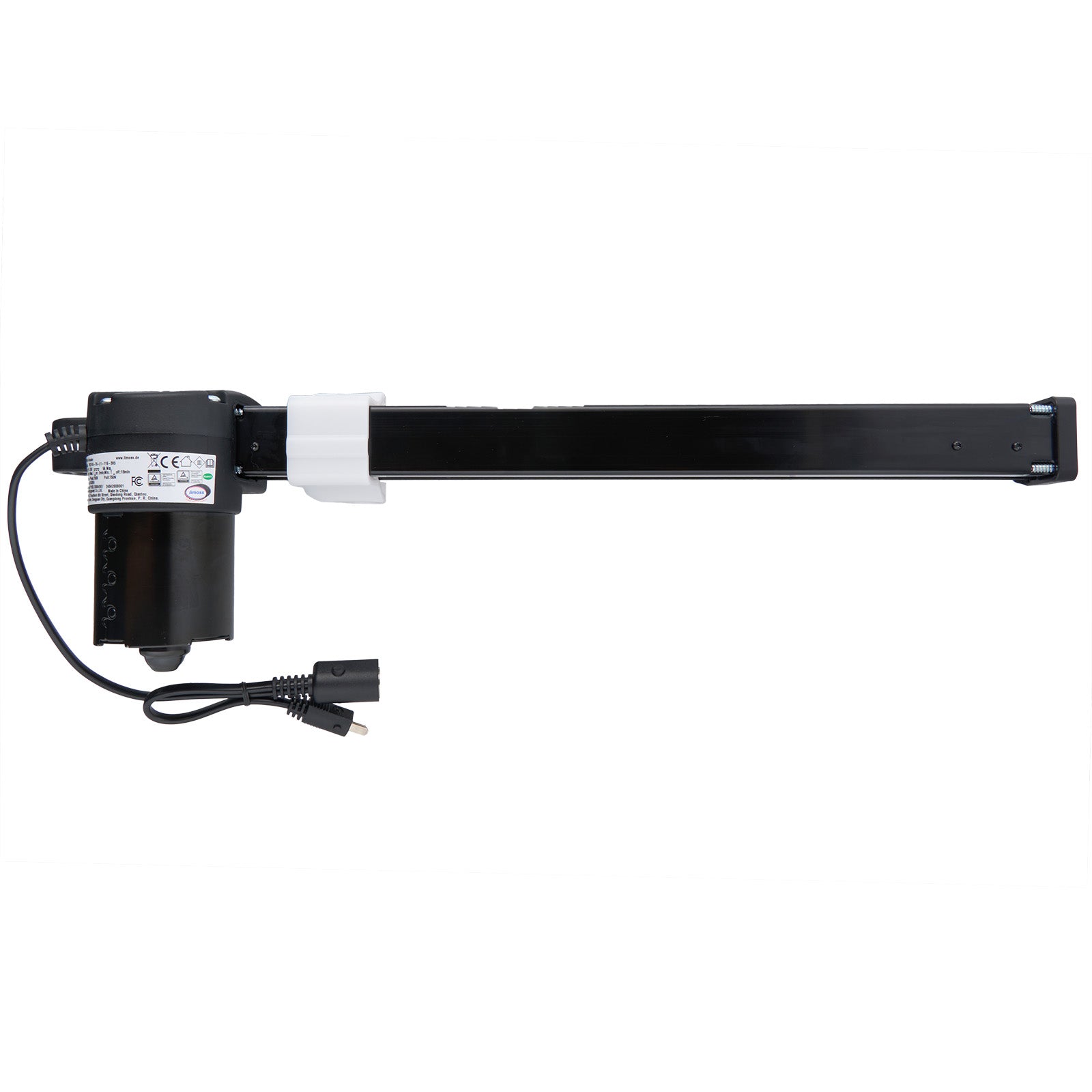 A black linear actuator for a recliner or lift chair, showing the motor end with wiring and the piston rod.