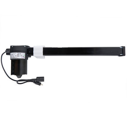 A black linear actuator for a recliner or lift chair, showing the motor end with wiring and the piston rod.