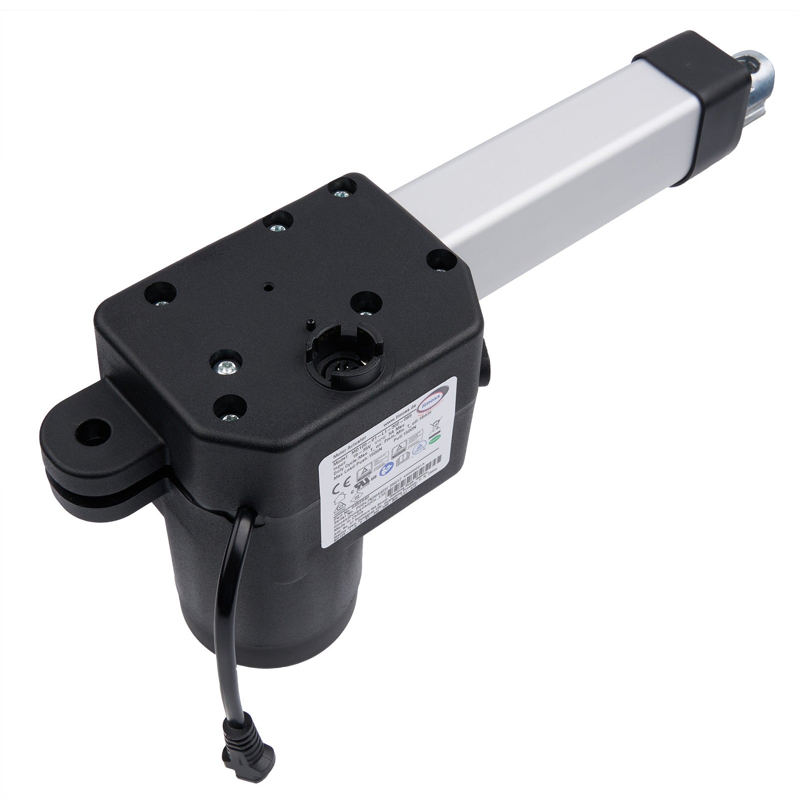 Black actuator with a white rod on a white background