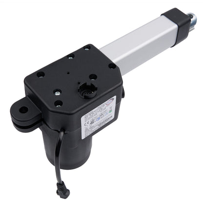 Black actuator with a white rod on a white background