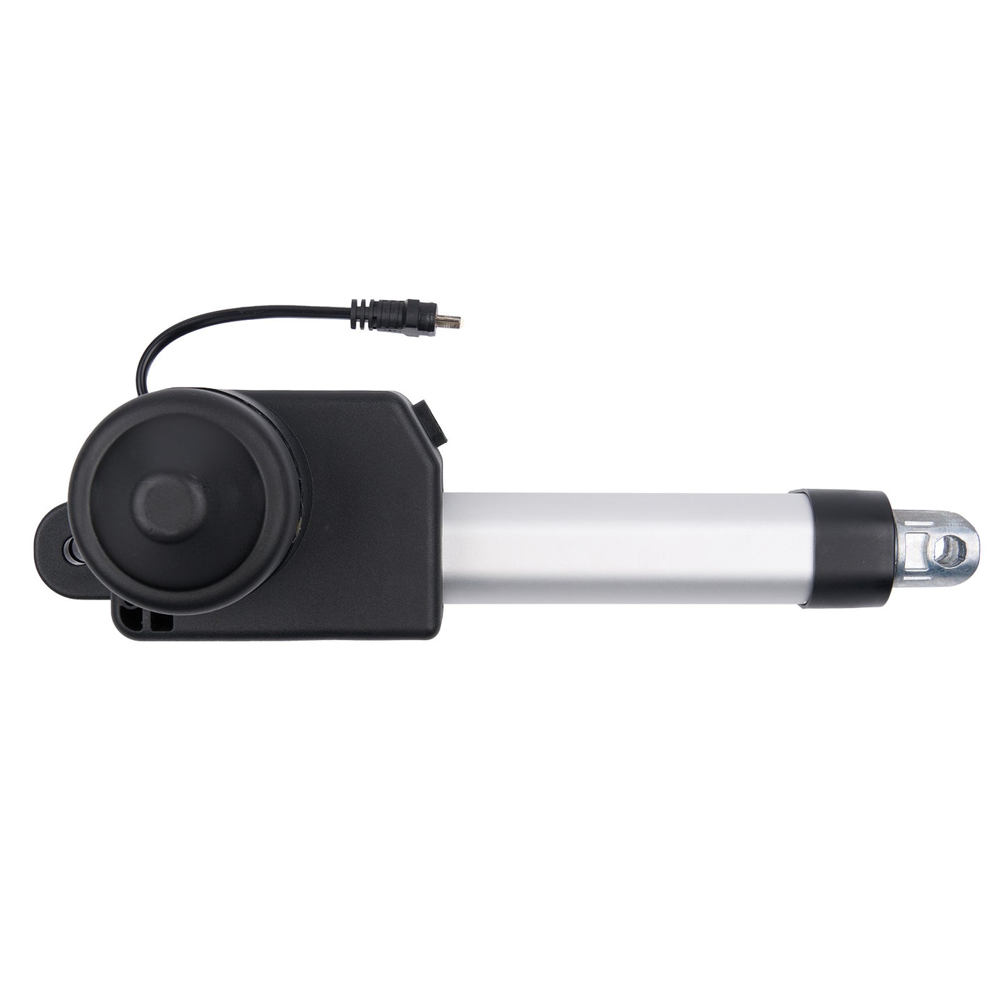 Motorized actuator with black housing and white shaft on a white background