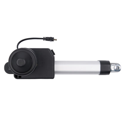 Motorized actuator with black housing and white shaft on a white background