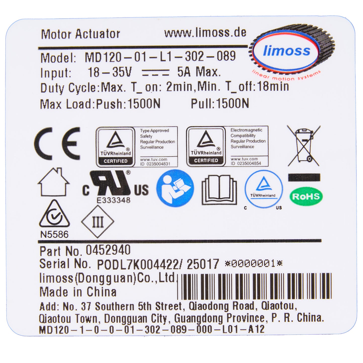Label for a motor actuator with various certification logos and technical specifications.
