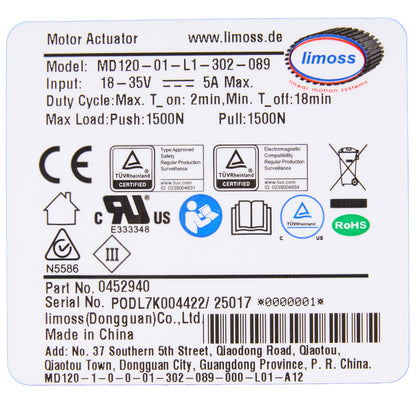 Label for a motor actuator with various certification logos and technical specifications.
