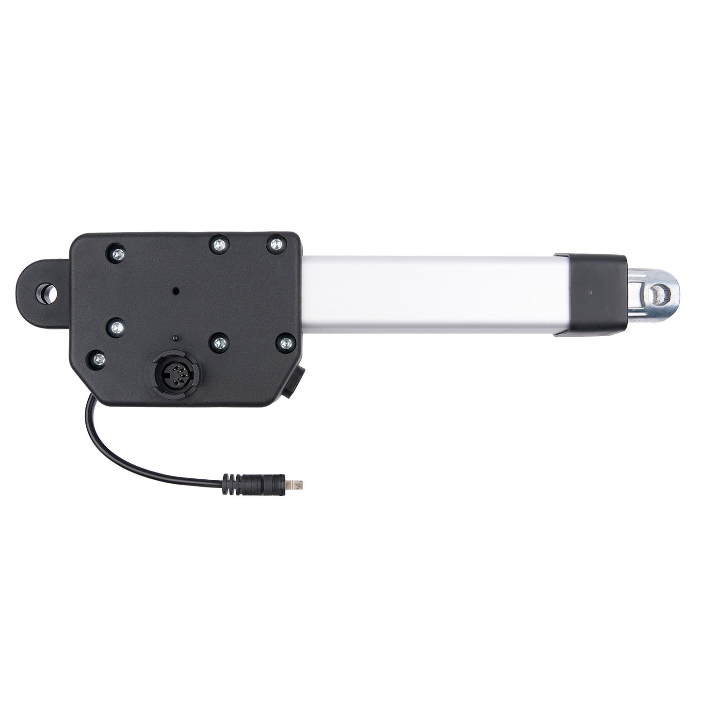 Mechanical actuator with black housing and white rod on a white background