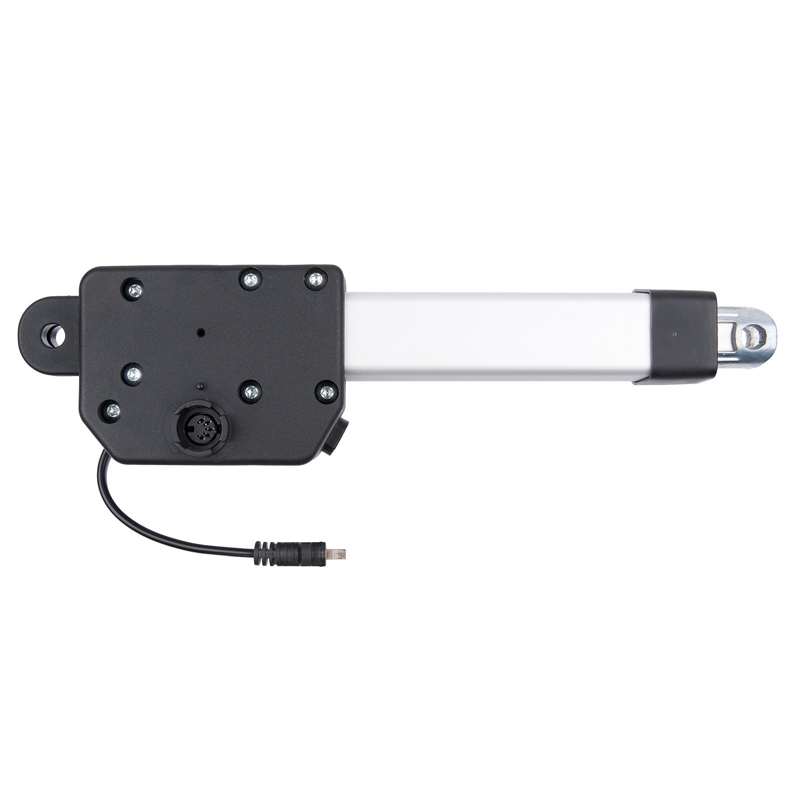 Mechanical actuator with black housing and white rod on a white background