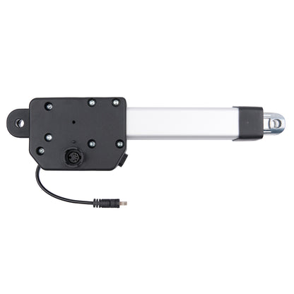Mechanical actuator with black housing and white rod on a white background