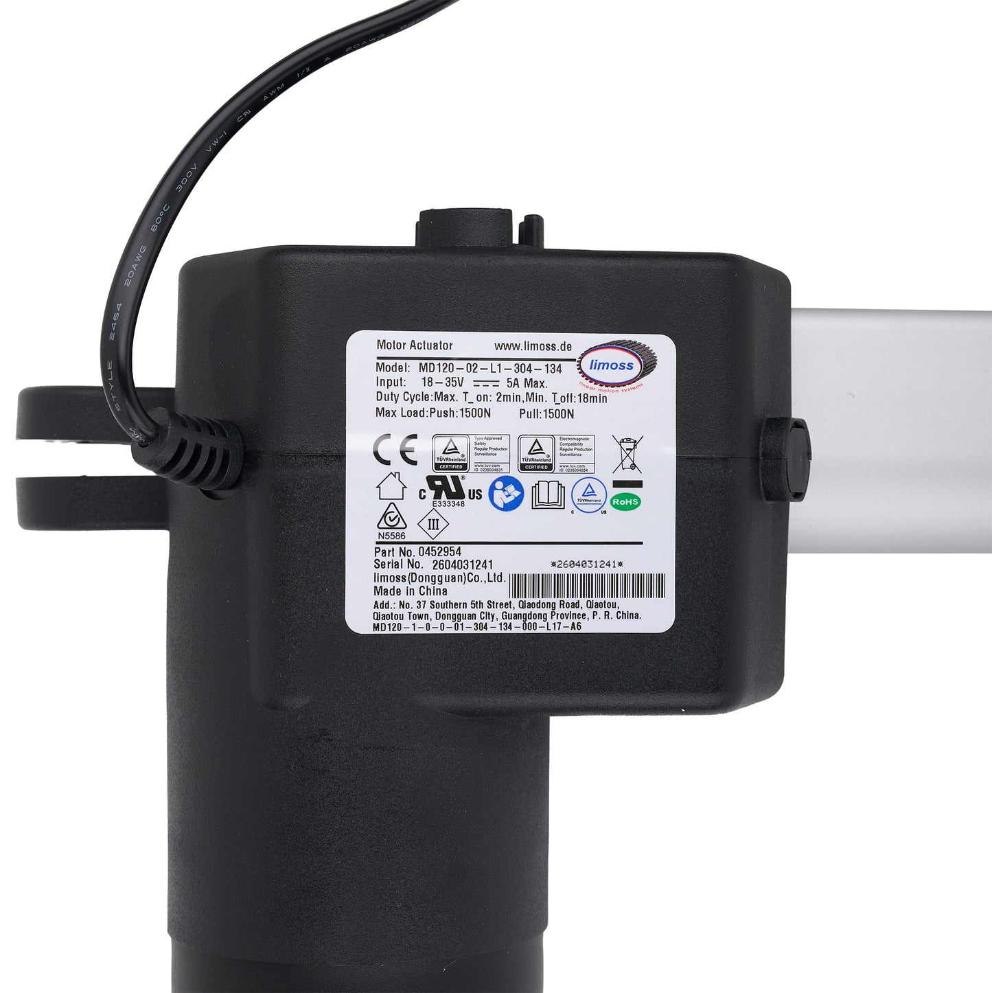 Black motor actuator with visible brand label on a white background