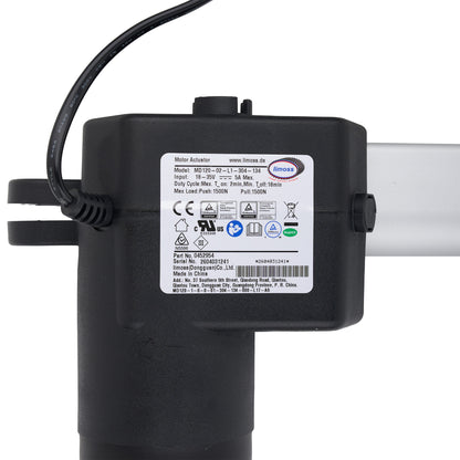 Black motor actuator with visible brand label on a white background