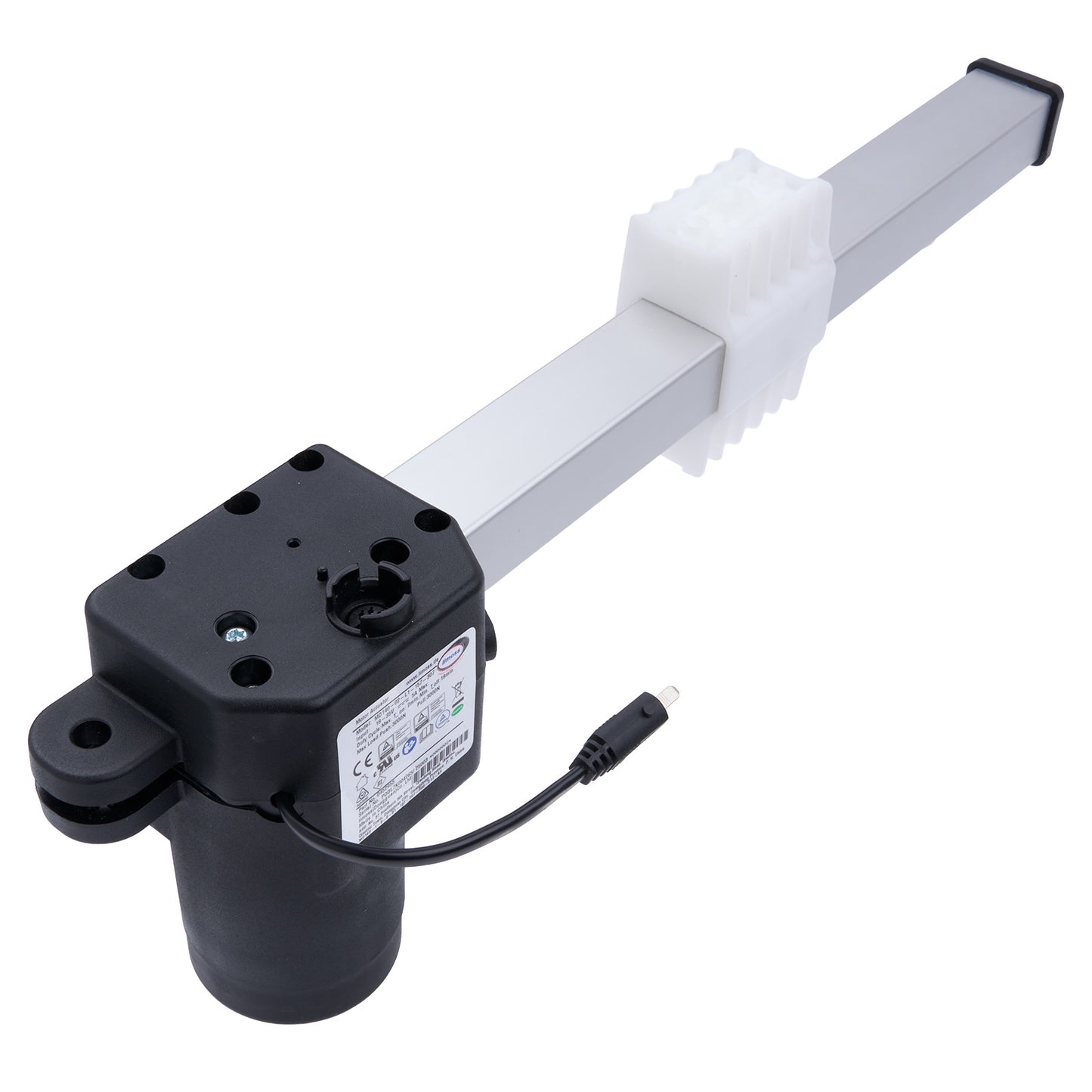 Mechanical component with black housing and white rod on a white background
