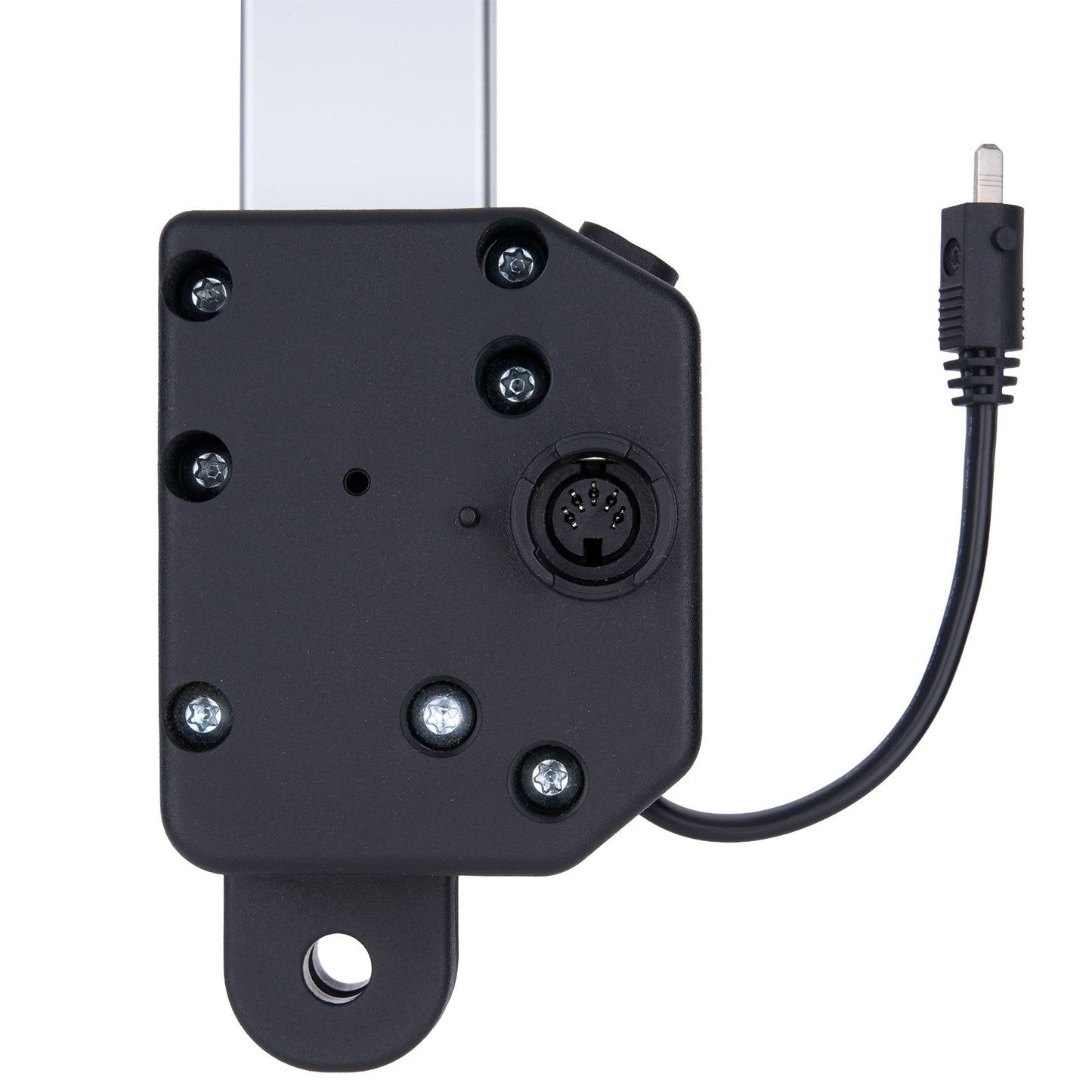 Black mechanical component with wiring on a white background