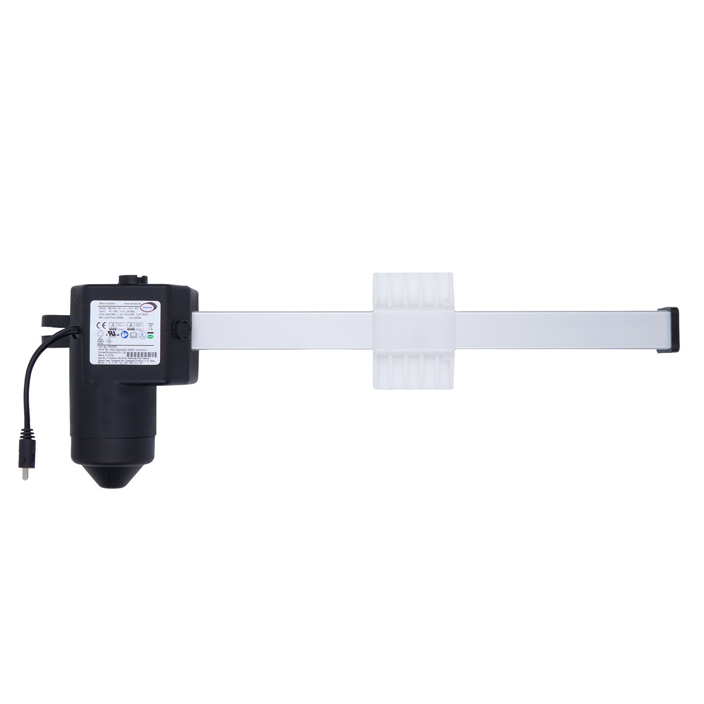 Mechanical arm with a black cylindrical component on a white background