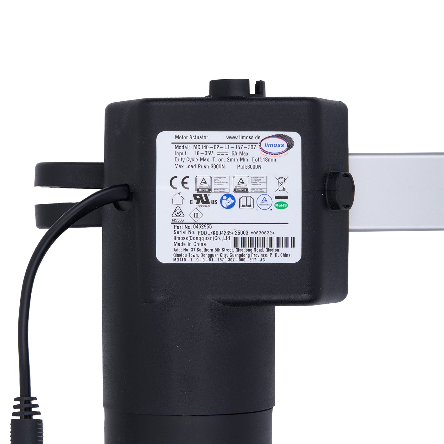 Black motor adapter with a label on a white background