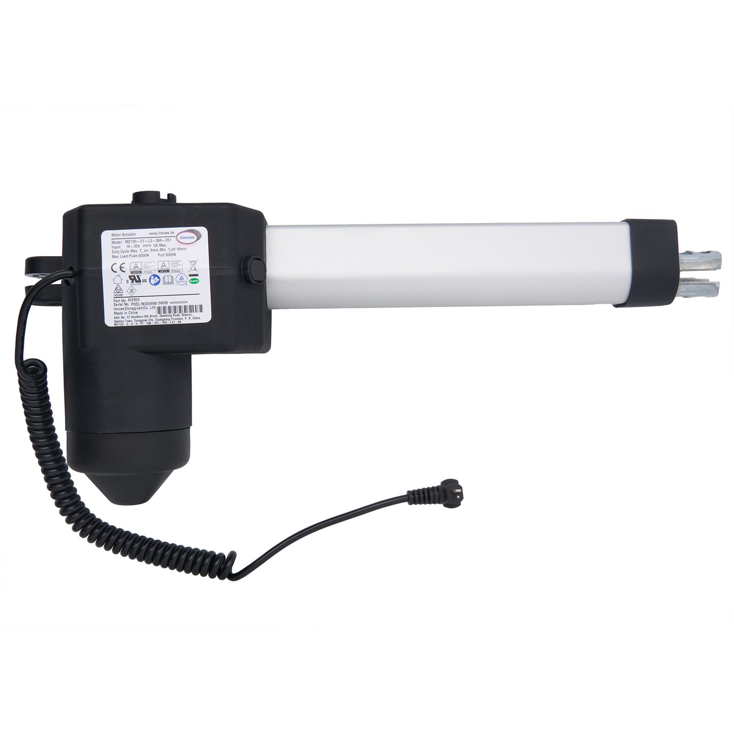 A black and silver Limoss linear actuator for recliner or lift chair with a coiled cable and a right-angled 2 pin male plug.