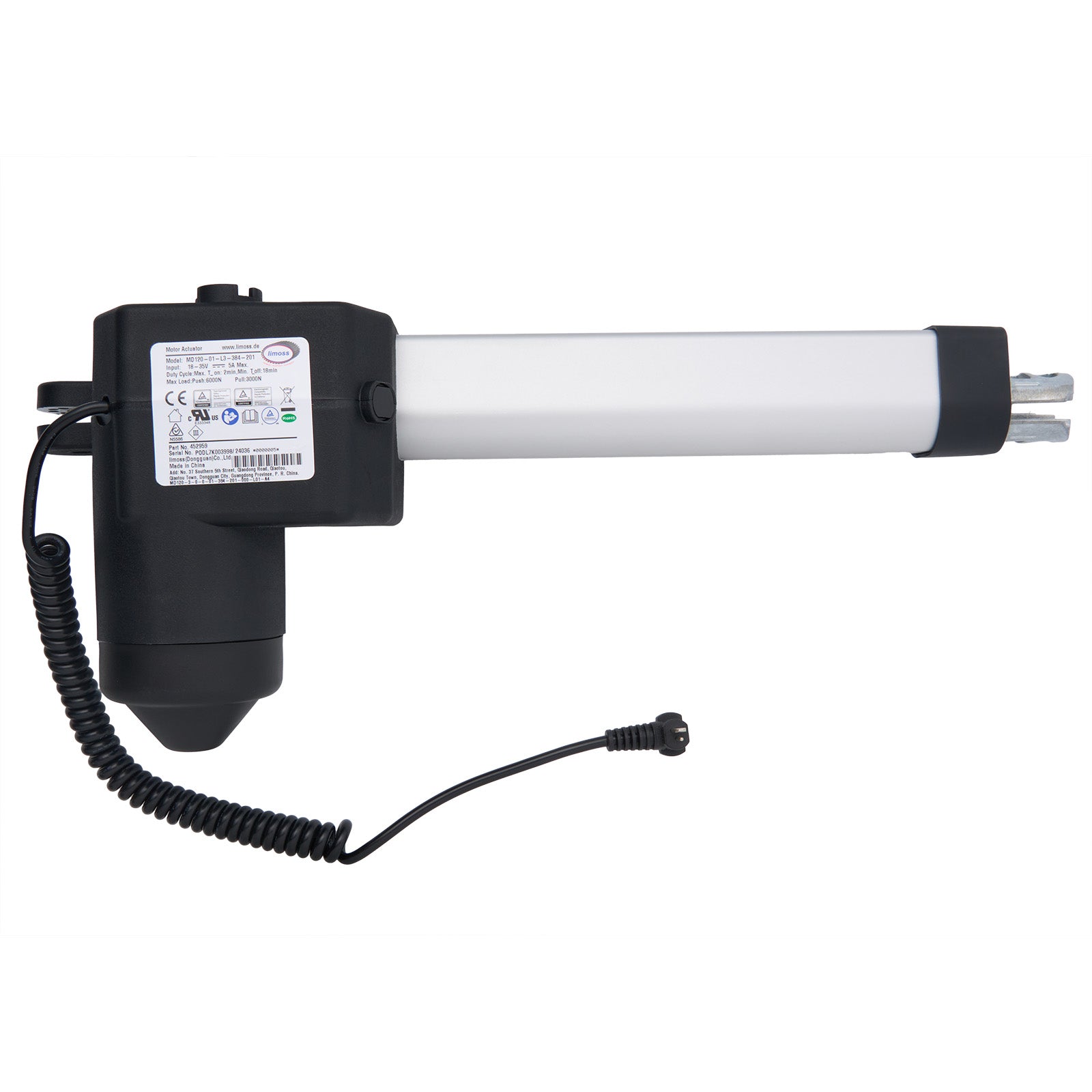 A black and silver Limoss linear actuator for recliner or lift chair with a coiled cable and a right-angled 2 pin male plug.