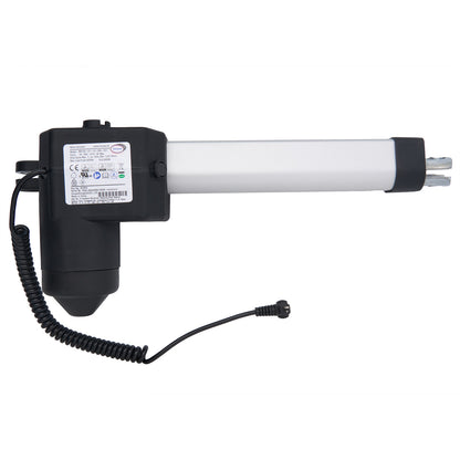 A black and silver Limoss linear actuator for recliner or lift chair with a coiled cable and a right-angled 2 pin male plug.