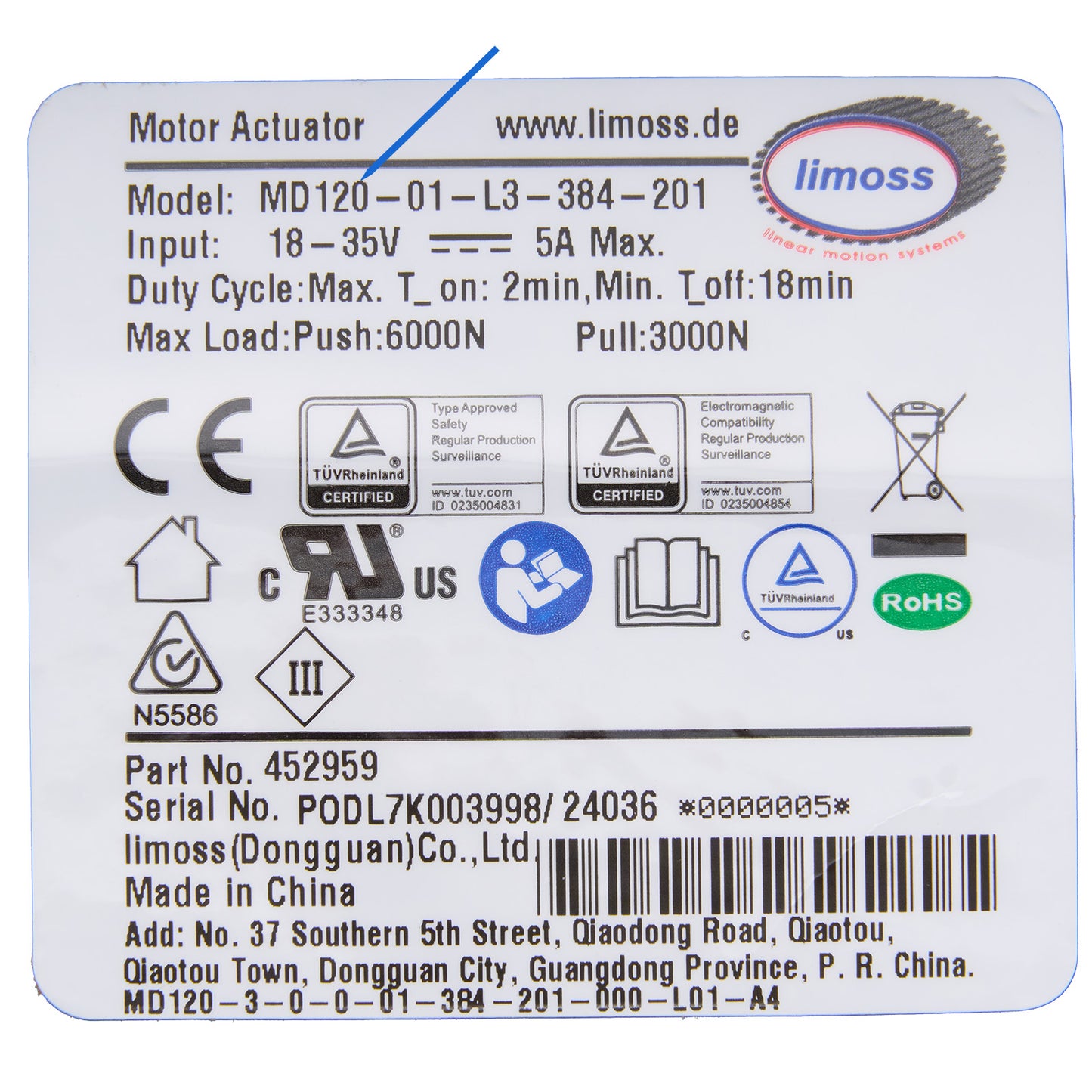Limoss 452959 Linear Actuator MD120-01-L3-384-201