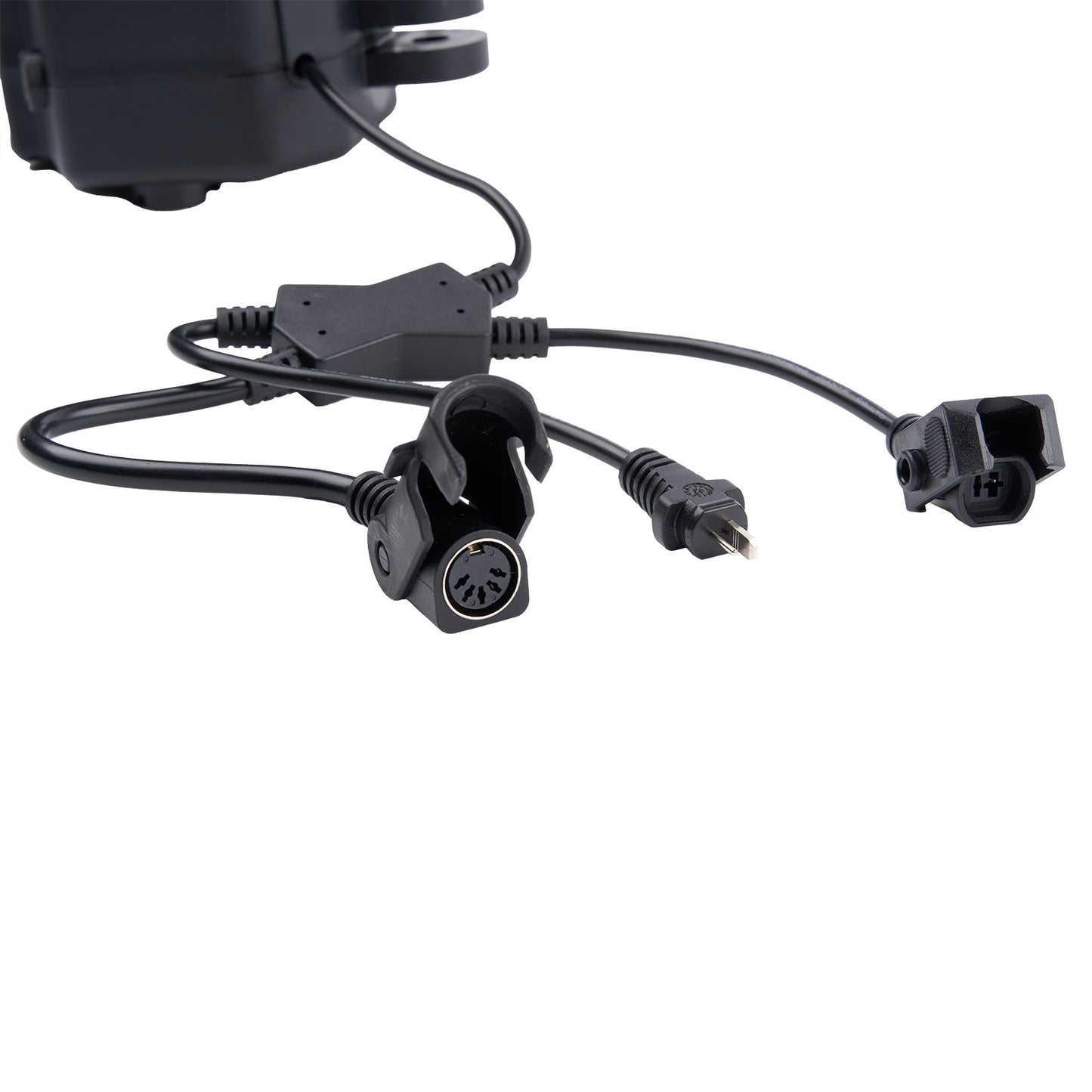 Black electrical cable with connectors on a white background