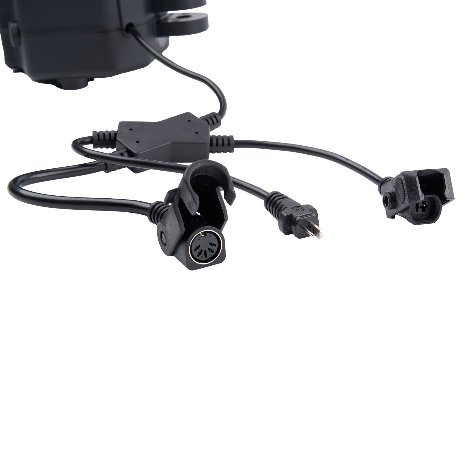 Black electrical cable with connectors on a white background