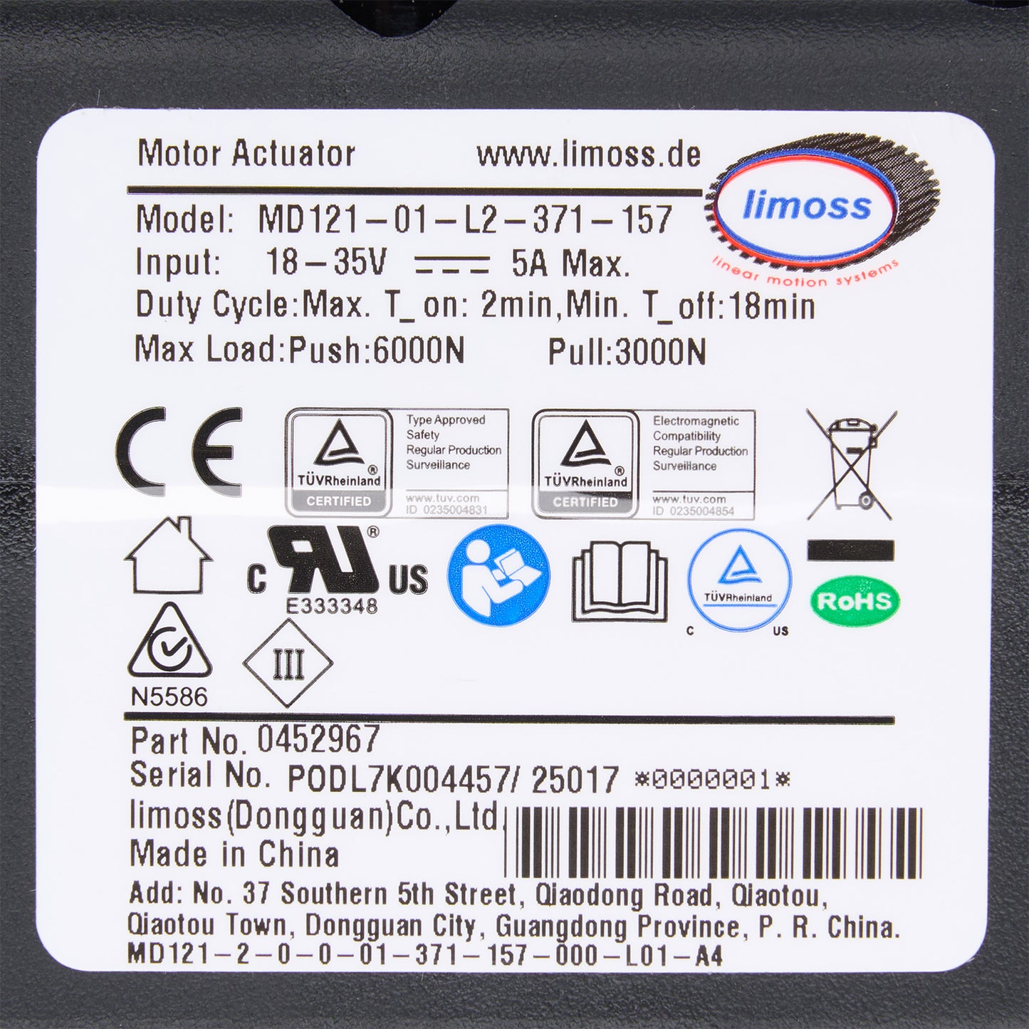 Product label with technical specifications and certification logos on a white background