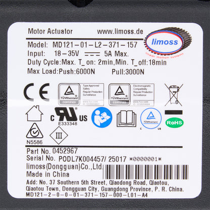 Product label with technical specifications and certification logos on a white background