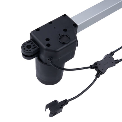 Black linear actuator with cables on a white background