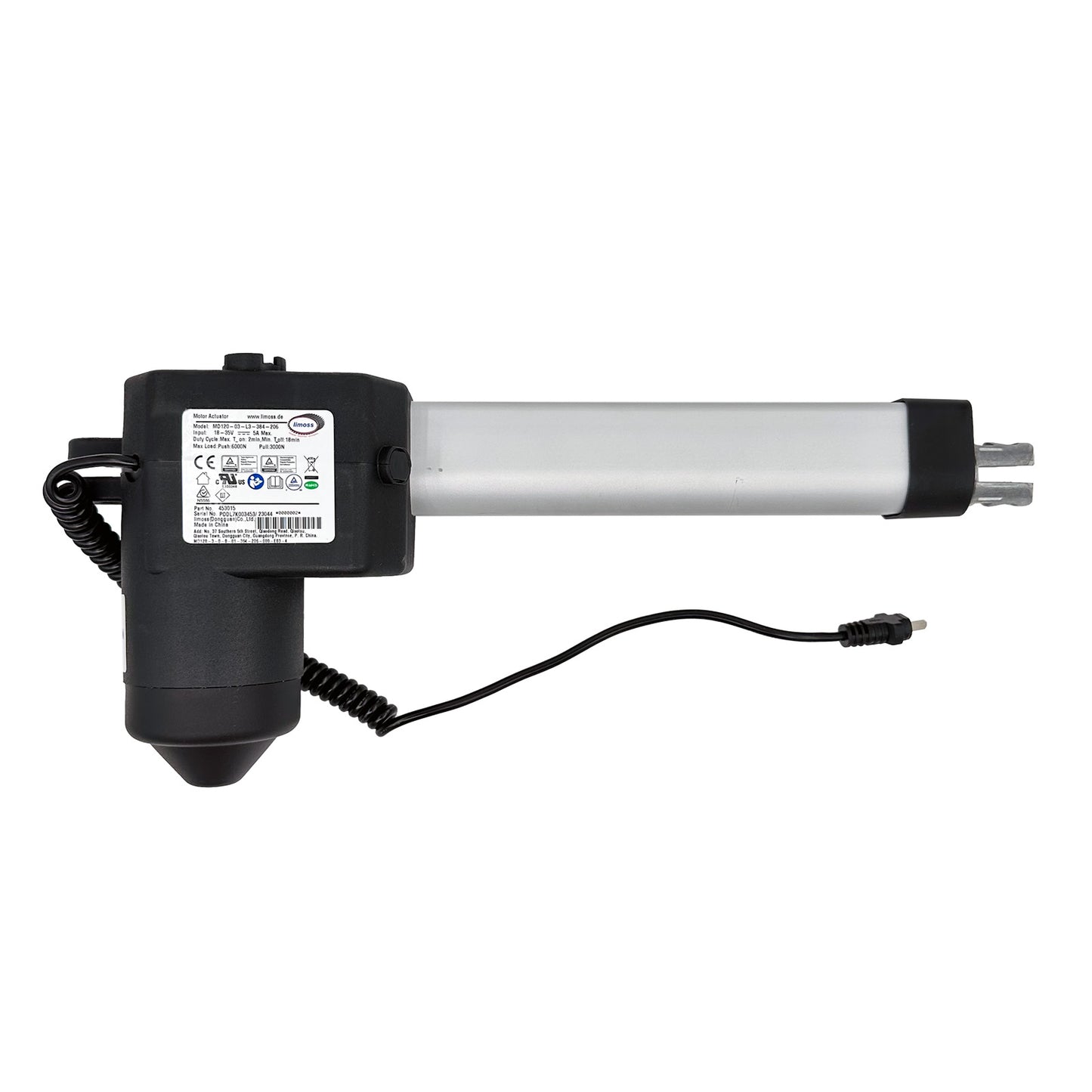 A black and silver linear actuator, with a label indicating the brand and model details, designed for use in recliner or lift chair mechanisms.