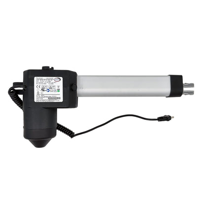 A black and silver linear actuator, with a label indicating the brand and model details, designed for use in recliner or lift chair mechanisms.