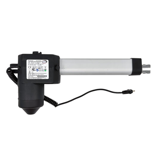 A black and silver linear actuator, with a label indicating the brand and model details, designed for use in recliner or lift chair mechanisms.