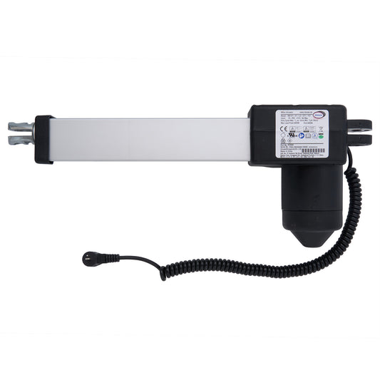A black and silver linear actuator for a recliner or lift chair, with a coiled cable and a right-angled 2 pin male plug.