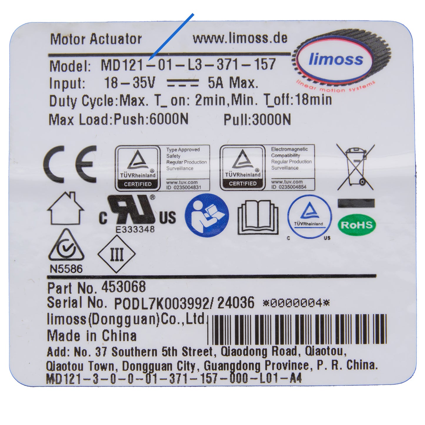 Limoss 453068 Linear Actuator MD121-01-L3-371-157