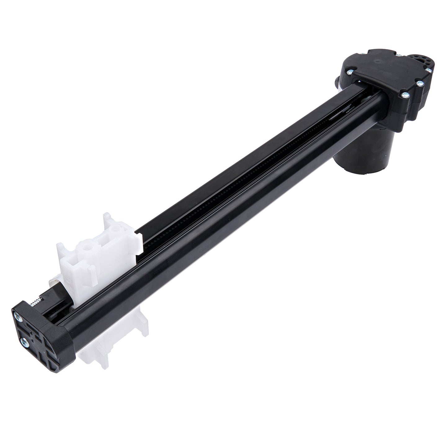 Black mechanical arm with a white gear on a white background