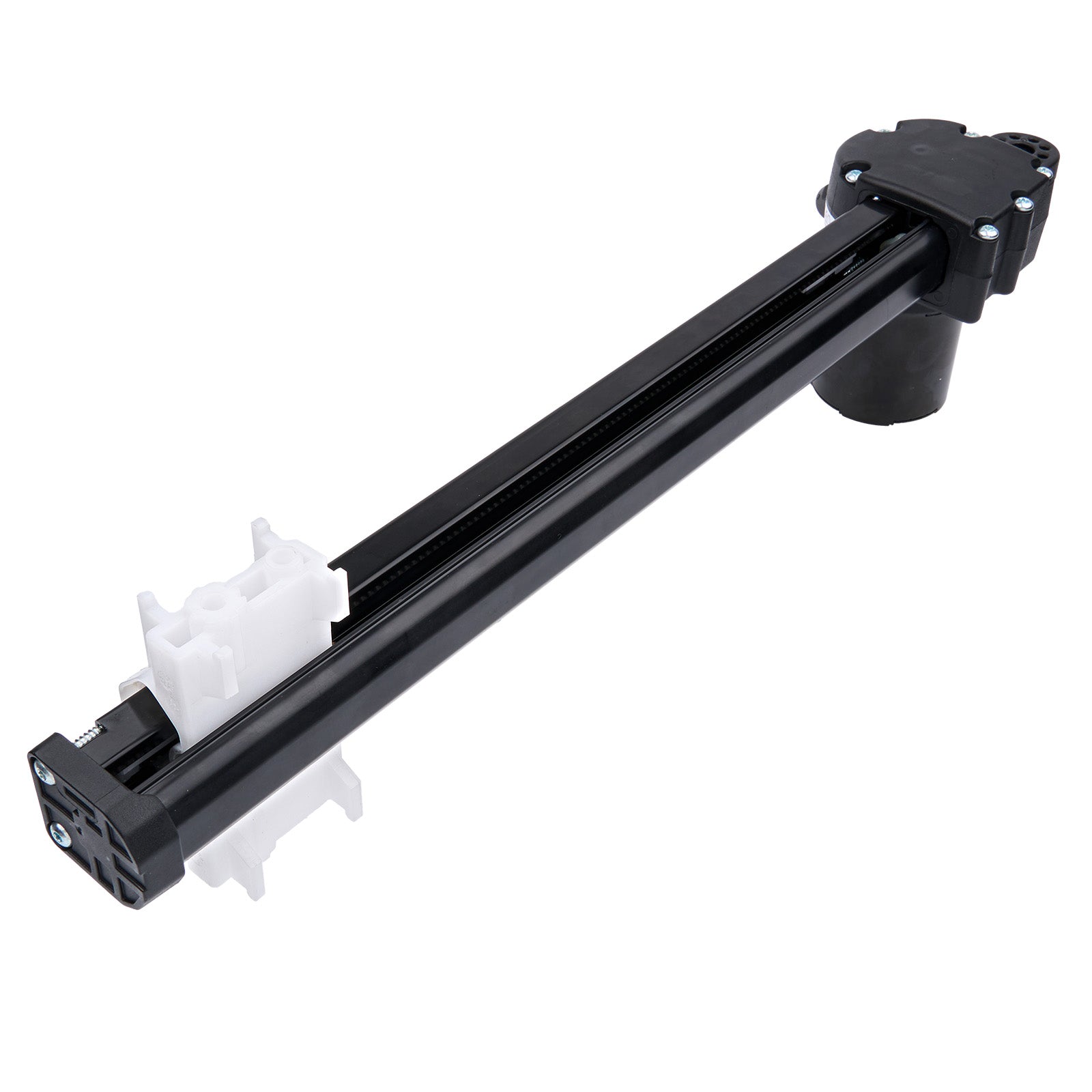 Black mechanical arm with a white gear on a white background