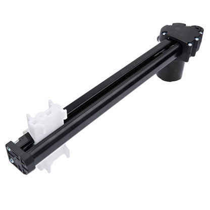 Black mechanical arm with a white gear on a white background