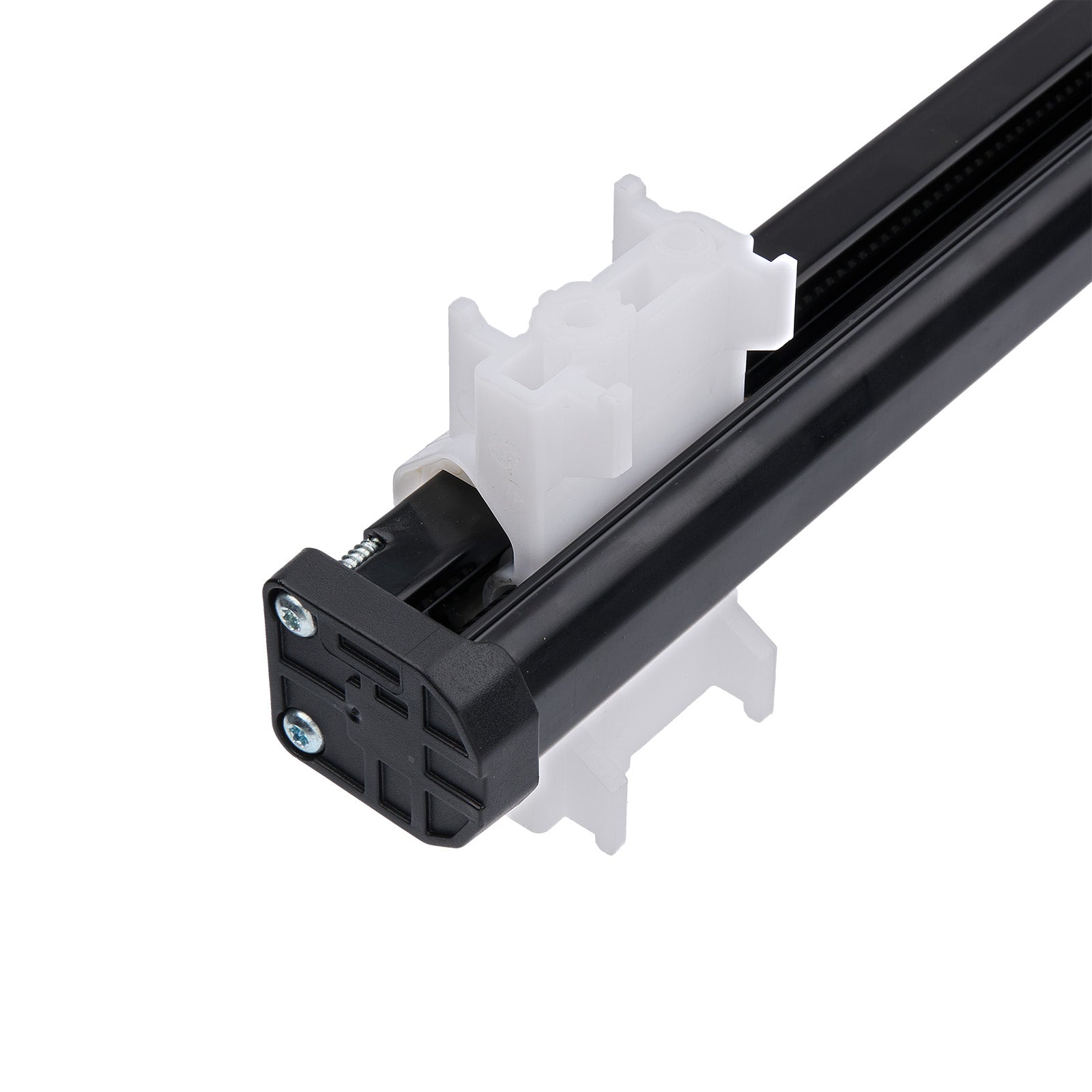 Black metal bracket with white plastic component on a white background