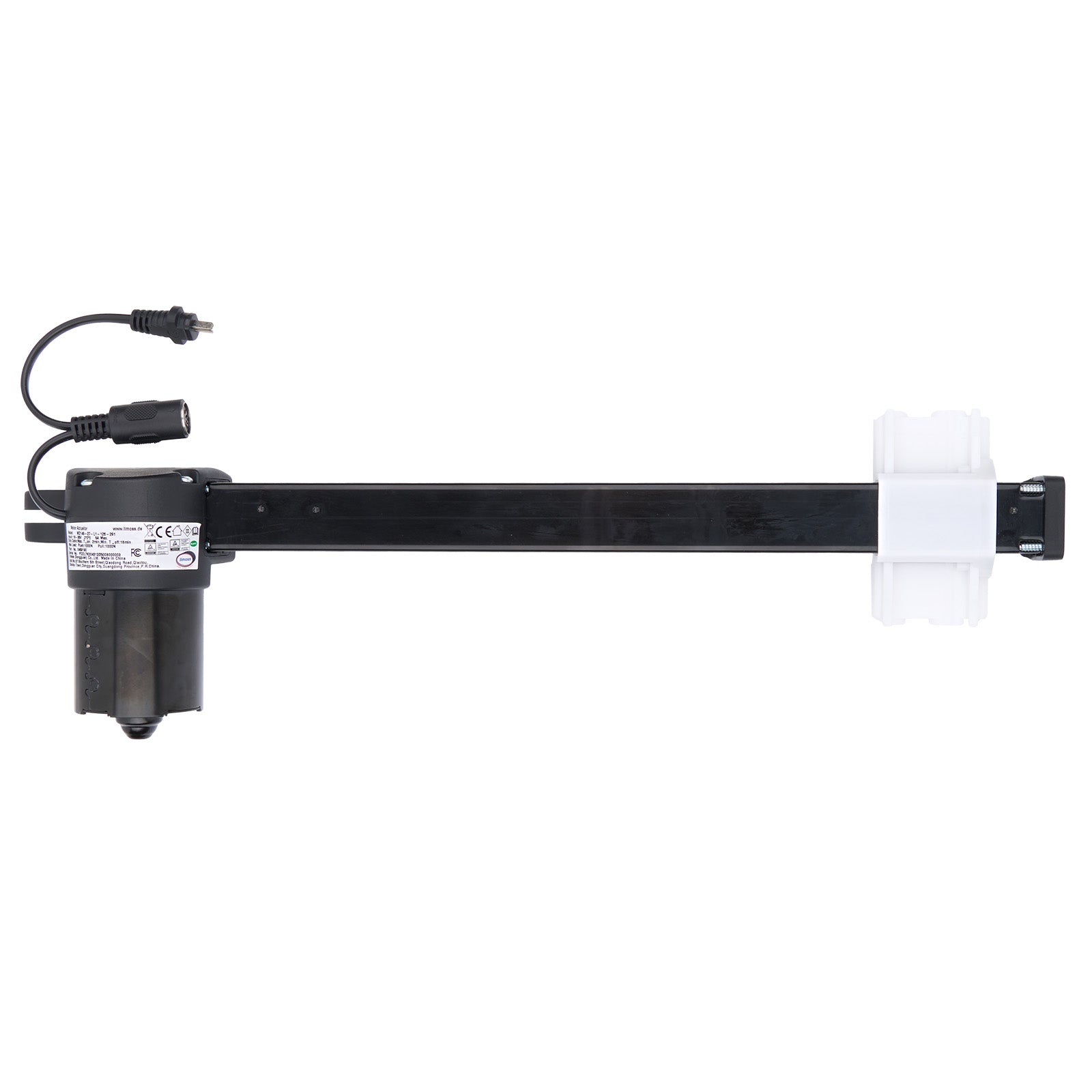Mechanical component with a black rod and connectors on a white background