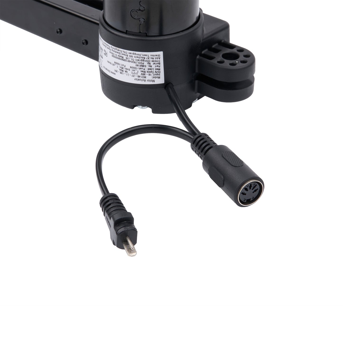 Black electronic component with connectors on a white background