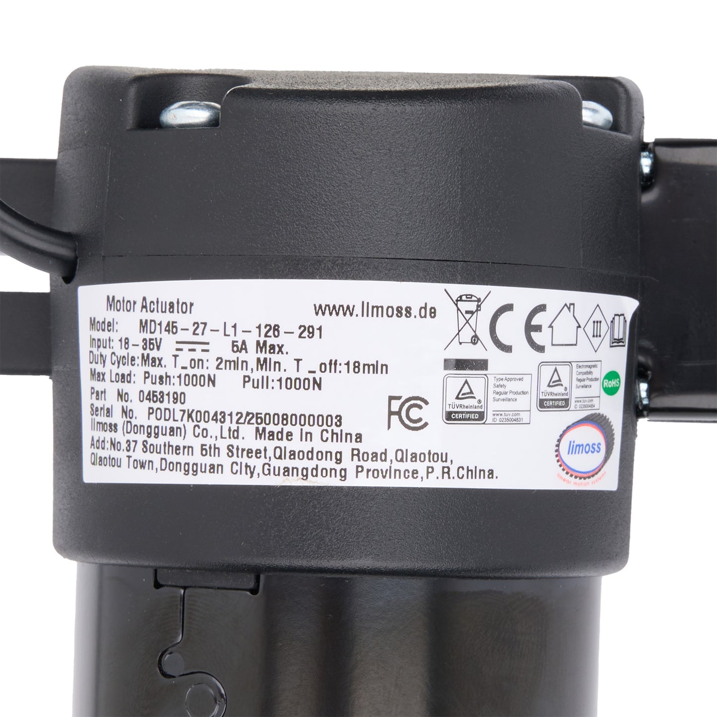 Motor actuator with label on a white background
