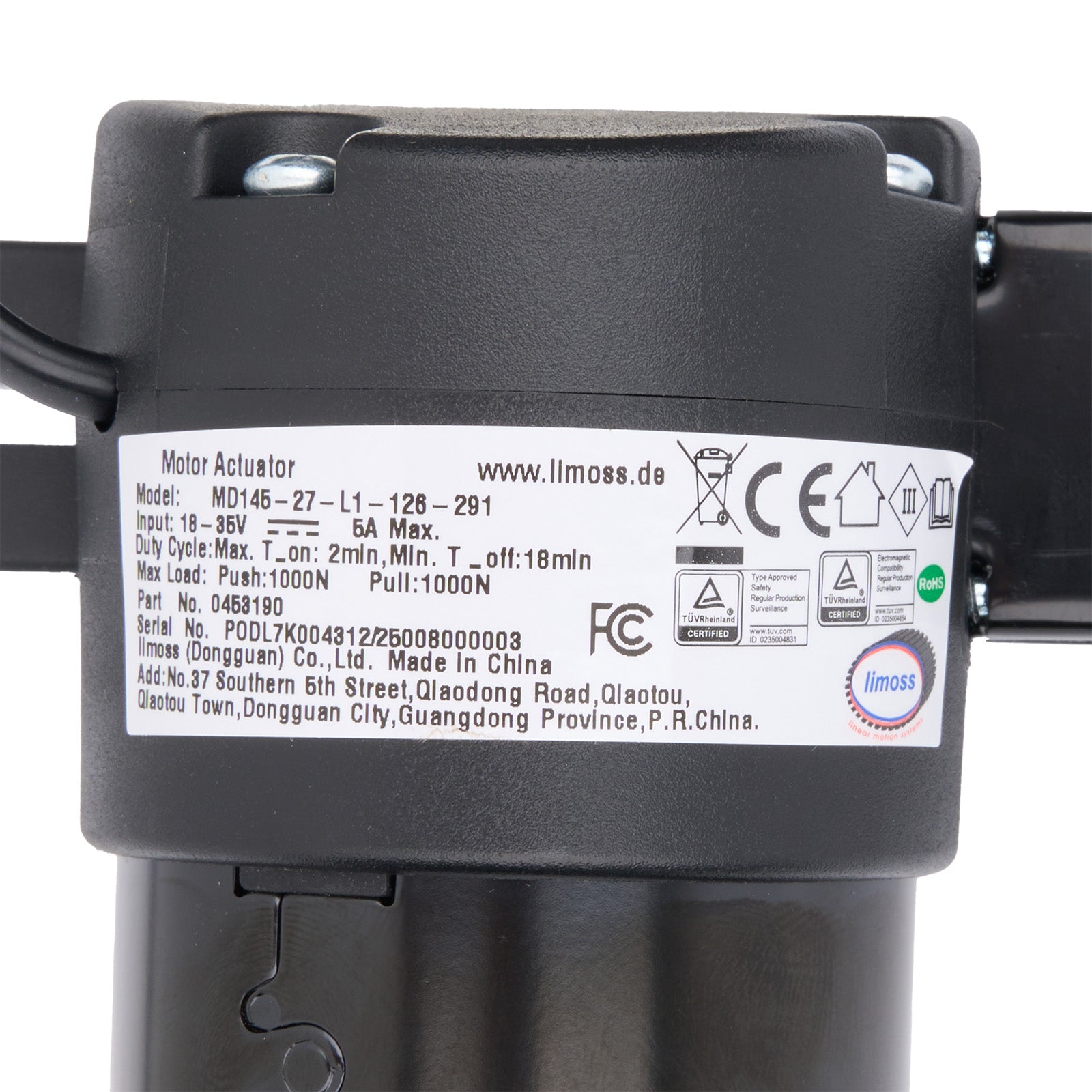 Motor actuator with label on a white background