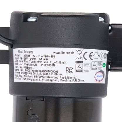Motor actuator with label on a white background