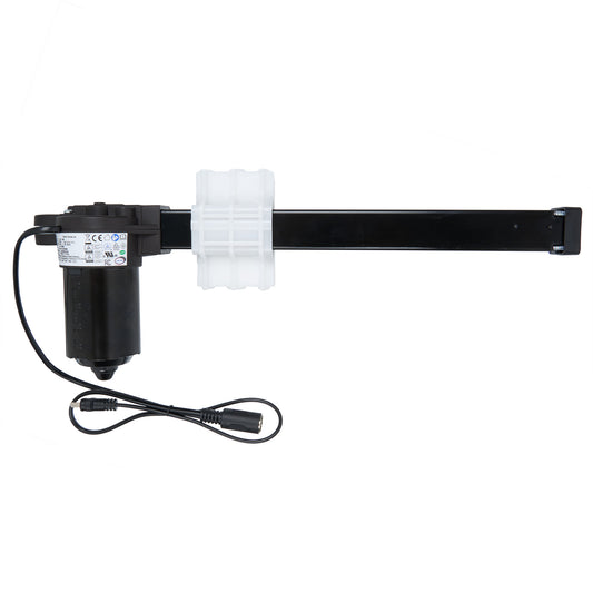 A black linear actuator for a recliner or lift chair, showing the motor, piston, and attached cables.