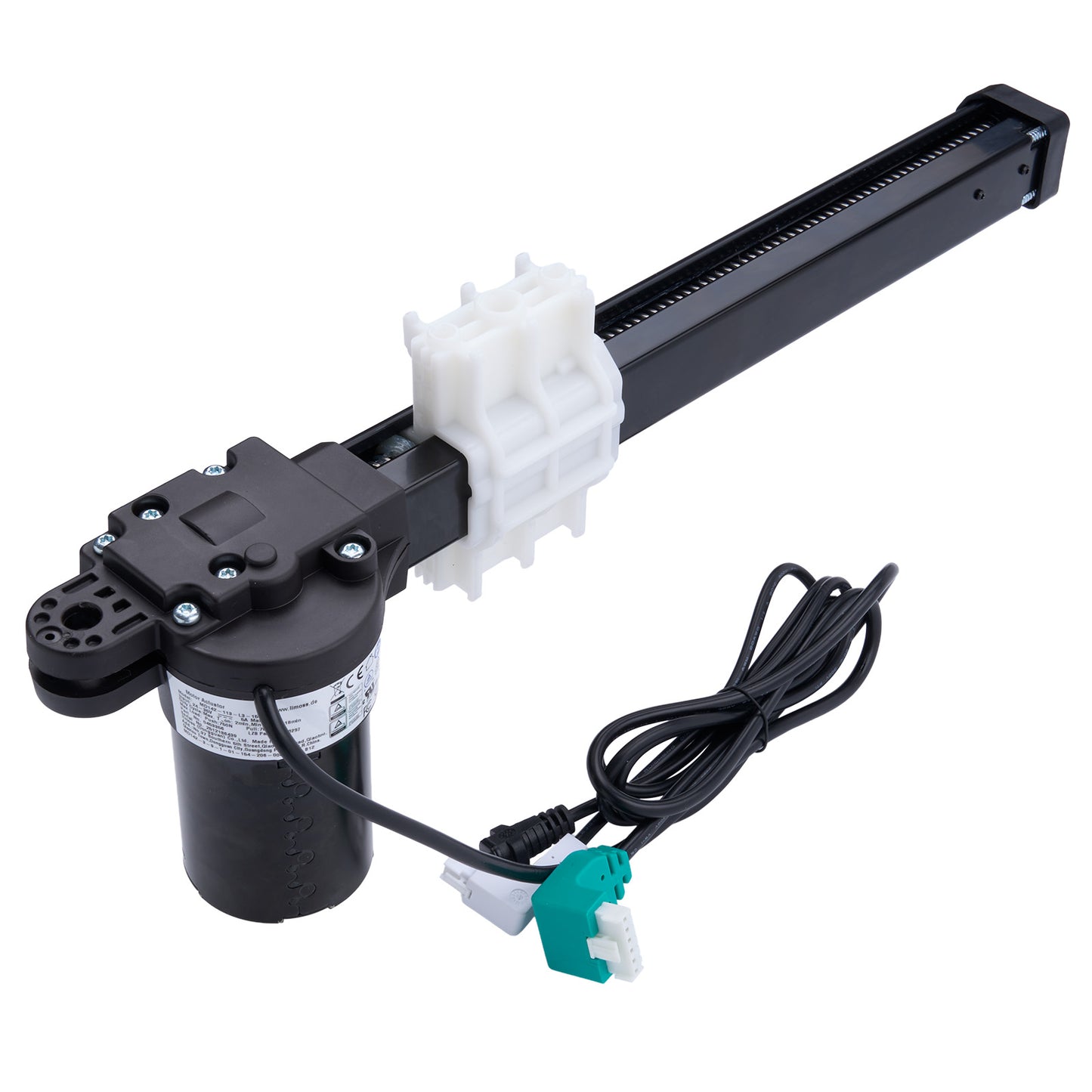 Mechanical actuator with a motor and cable on a white background